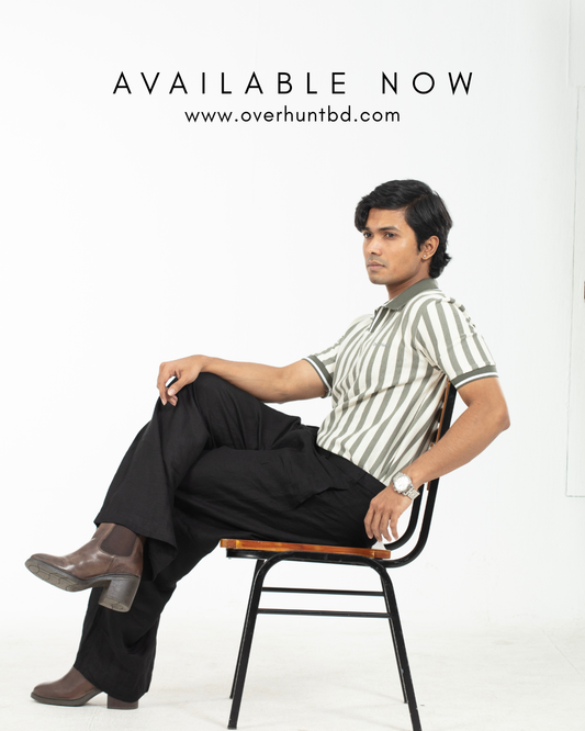 Olive & White – V-neck Stripe Polo Shirt