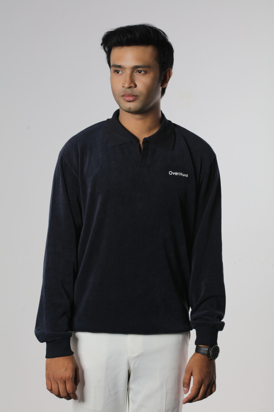 Navy Blue – Full Sleeve Textured Polo Shirt