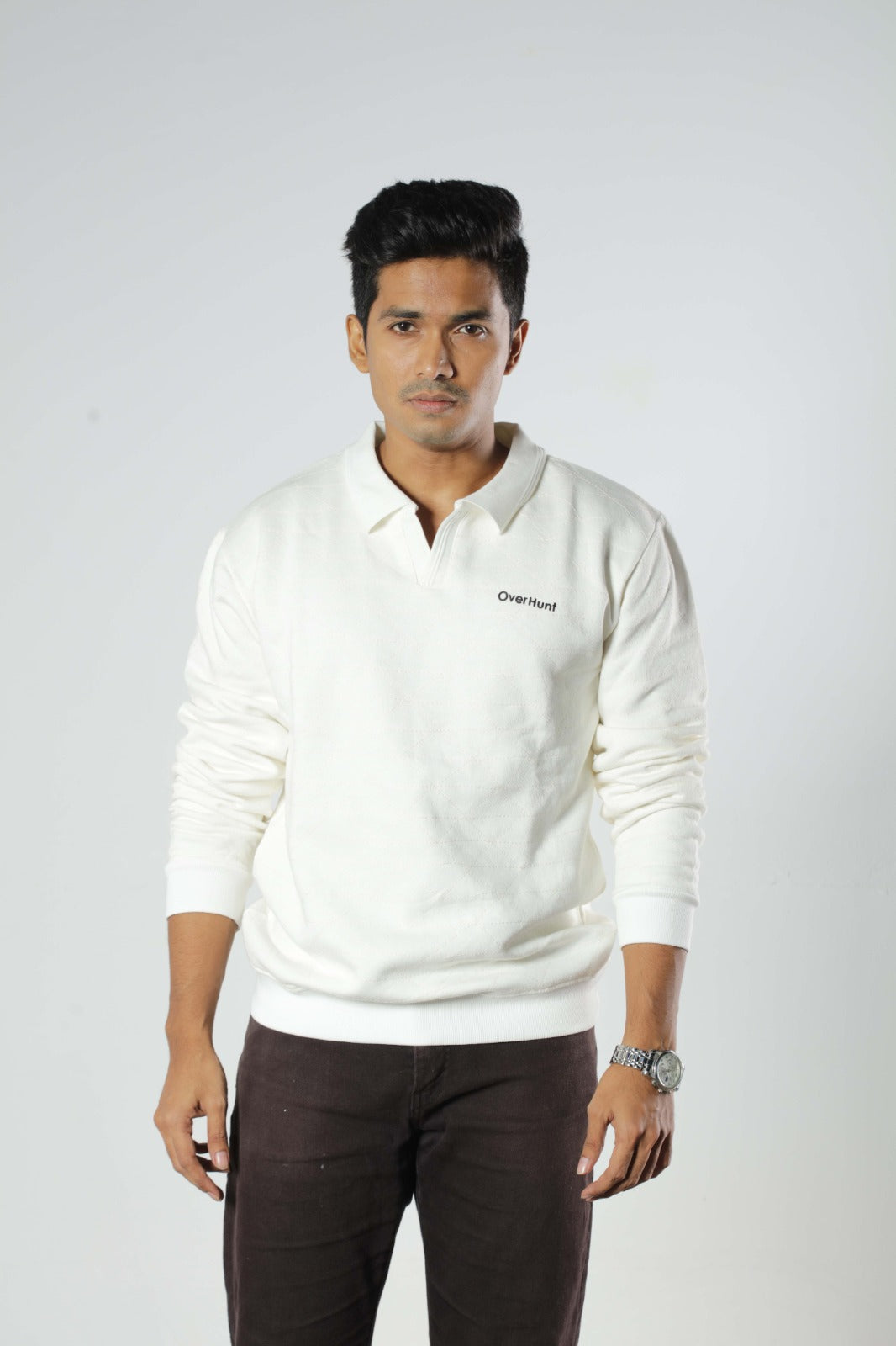 Knitted White – Full Sleeve Textured Polo Shirt