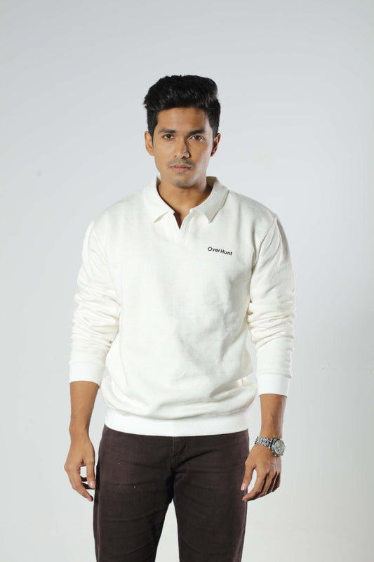 Knitted White – Full Sleeve Textured Polo Shirt